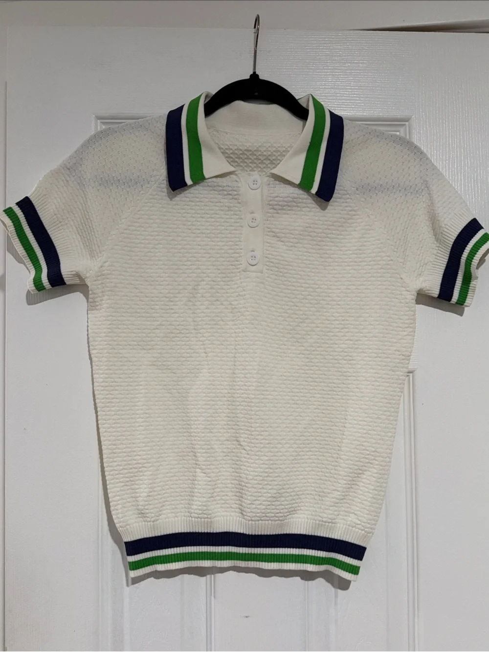 Classic Cream Polo with Green & Blue Stripe Trim - Picture 1 of 2